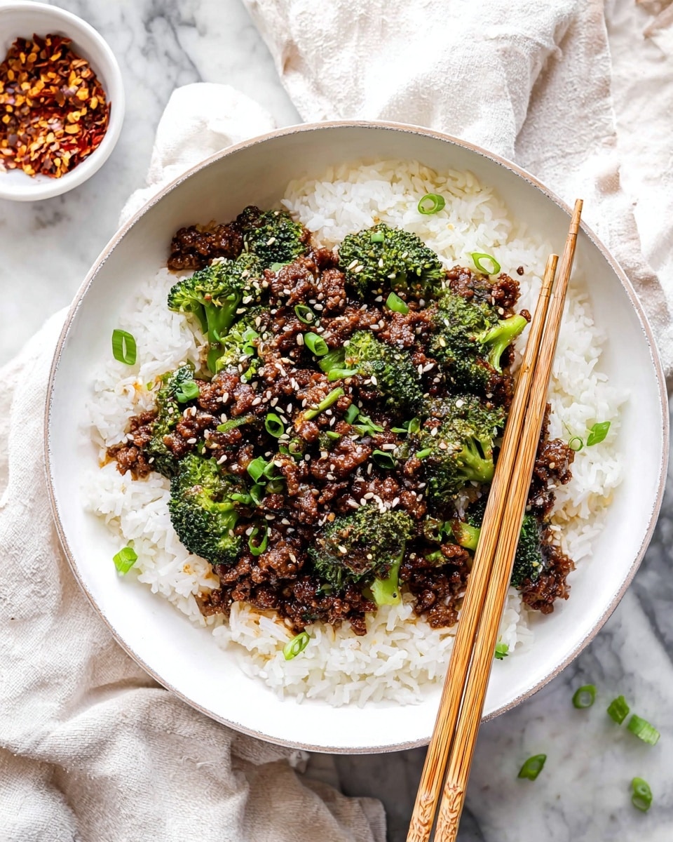 A white bowl filled with a base layer of fluffy white rice, topped with a mix of dark brown cooked ground meat and bright green broccoli florets coated in glossy sauce; sprinkled with light brown sesame seeds and fresh green chopped scallions on top; light wooden chopsticks rest diagonally across the bowl; the bowl sits on a white marbled surface with a white cloth nearby and a small white bowl of red chili flakes in the upper left area, photo taken with an iphone --ar 4:5 --v 7