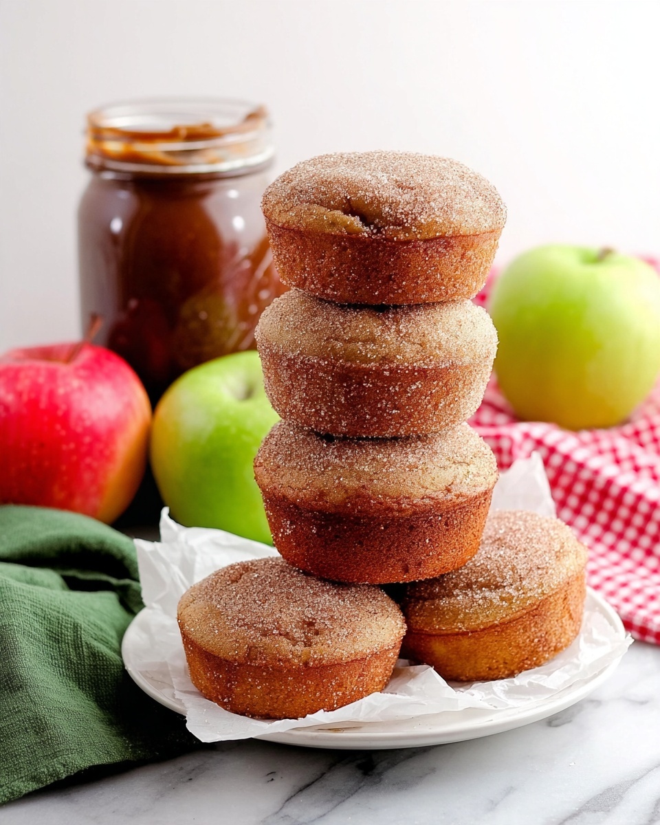 A stack of five round, golden-brown muffins sits on white parchment paper on a white plate, each muffin topped with a light dusting of sugar giving a slightly rough texture. The muffins have a soft, slightly risen top with a smooth bottom. Behind the stack is a glass jar with a metal lid filled with dark brown spread, placed next to a red and green apple resting on a white marbled surface. A green cloth and a red-and-white checkered towel add soft fabric textures in the background. The scene is bright and simple, with natural colors and soft light. photo taken with an iphone --ar 4:5 --v 7