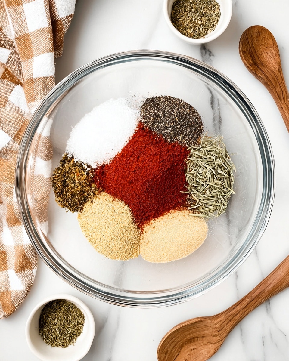 A clear glass bowl on a white marbled surface holds six different spices placed in separate small piles arranged closely together but not mixed. At the center bottom is a mound of bright red powder, to its left is coarse white salt, above that is coarse black pepper, next to the pepper on the right is dried green rosemary, below that is a light tan granulated powder, and next to it is a slightly darker granulated powder. Around the bowl are small white bowls with similar spices and two wooden spoons. A white and brown checkered cloth is partly visible in the bottom left corner. Photo taken with an iphone --ar 4:5 --v 7