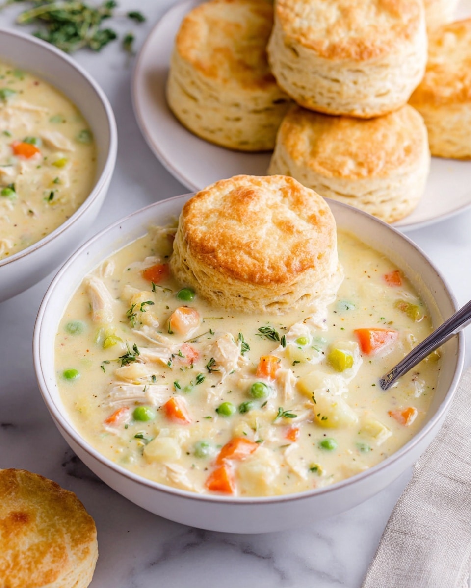 A bowl of creamy chicken and vegetable soup fills most of the frame, showing three layers: a thick pale yellow creamy base, with small chunks of white chicken, orange carrots, light green celery, green peas, and bits of potato scattered throughout. A golden biscuit with a slightly crispy top rests on the edge of the bowl, its soft, fluffy texture visible. In the background, more golden biscuits pile high on a white plate, all placed on a white marbled surface. Some fresh herbs are tucked near the bowls, adding a touch of green. photo taken with an iphone --ar 4:5 --v 7