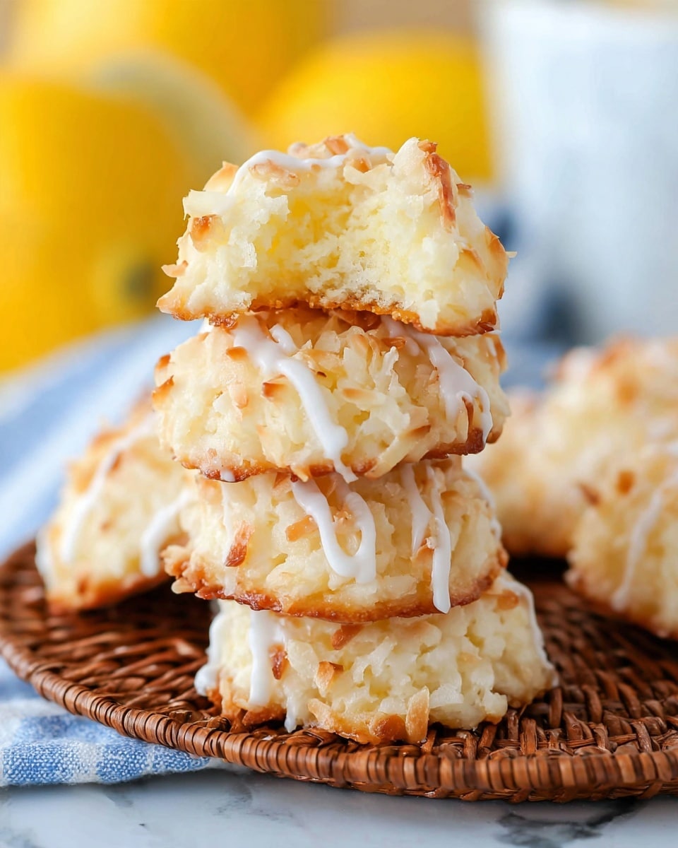 The image shows a stack of small coconut macaroons, each round and golden on the outside with a soft, textured pale yellow inside visible in the top macaroon with a bite taken out of it. The macarons are topped with toasted coconut flakes that are light brown and some white drizzle of icing that runs down the sides in thin lines. The stack sits on a brown, woven placemat on a white and blue striped cloth, all set on a white marbled surface. In the background, blurry yellow and white shapes hint at a bright, sunny setting. Photo taken with an iphone --ar 4:5 --v 7