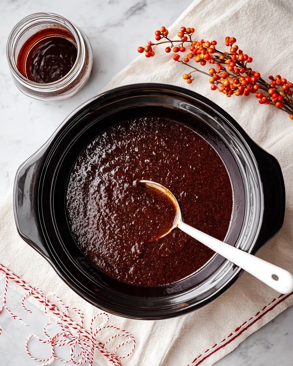 A top view of a black slow cooker filled with thick, dark brown sauce with a slightly textured surface. Inside the cooker, a white ladle rests partially submerged in the sauce, showing some sauce on its inner side. The slow cooker sits on a white marbled surface with a white cloth that has red stitching around the edge placed nearby. There is a small clear jar with dark sauce inside to the left and a decorative twig with red and orange berries on the right. A twisted red and white string lies loosely on the surface. photo taken with an iphone --ar 4:5 --v 7
