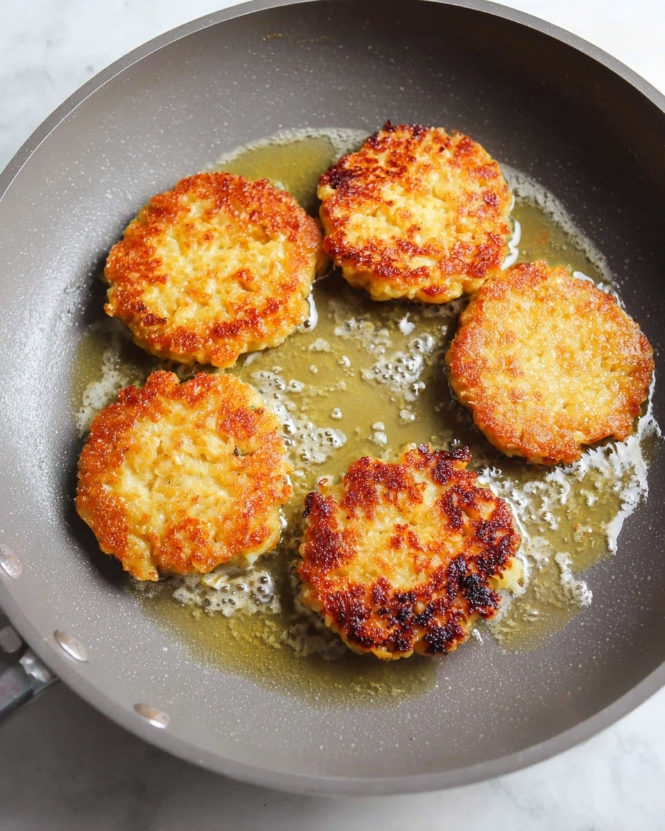 Five small golden-brown patties with a slightly uneven texture and crispy edges are frying in a gray pan. The surface of the patties shows a mix of light and darker browns, indicating they are cooking evenly. There is a thin layer of oil around and under the patties, giving them a shiny look. The background is a white marbled texture. photo taken with an iphone --ar 4:5 --v 7