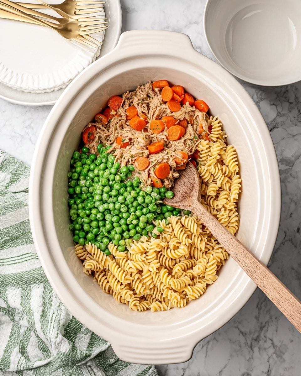 Inside a large white oval slow cooker, there is a mix of three main layers: the bottom layer is light yellow twisted pasta spirals, the middle layer consists of shredded light brown cooked meat mixed with bright orange carrot slices, and the top layer is a pile of bright green frozen peas. A wooden spoon with a smooth light brown handle rests inside the cooker, partly covered by the peas. The cooker sits on a white marbled surface, with a green and white striped cloth next to it. Nearby, there is a white empty bowl and a white plate with two golden forks. photo taken with an iphone --ar 4:5 --v 7