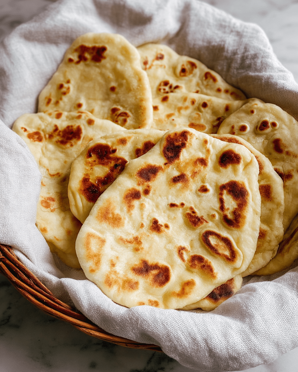 A basket lined with a white cloth holds several round flatbreads with light golden brown spots on the top surface. Each flatbread is soft and slightly puffy, with irregular shapes around the edges. The flatbreads overlap in a casual pile inside the basket, which sits on a white marbled surface. The image shows a close-up of the flatbreads and the cloth slightly crumpled inside the basket, giving a cozy, homemade feel. Photo taken with an iphone --ar 4:5 --v 7