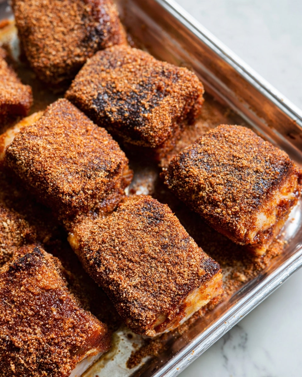 The image shows several pieces of meat covered in a dry, crumbly coating of brown spices, arranged closely together in a silver tray. Each piece has a thick layer of a reddish-brown spice mix on its surface, giving a rough and textured look, with some pieces showing darker spots where the spices have clumped. The meat pieces are rectangular or square-shaped and appear moist under the spice layer, with some juices visible around the bottom edges. The background is a white marbled surface that softly contrasts with the darker tones of the meat and spices. Photo taken with an iphone --ar 4:5 --v 7