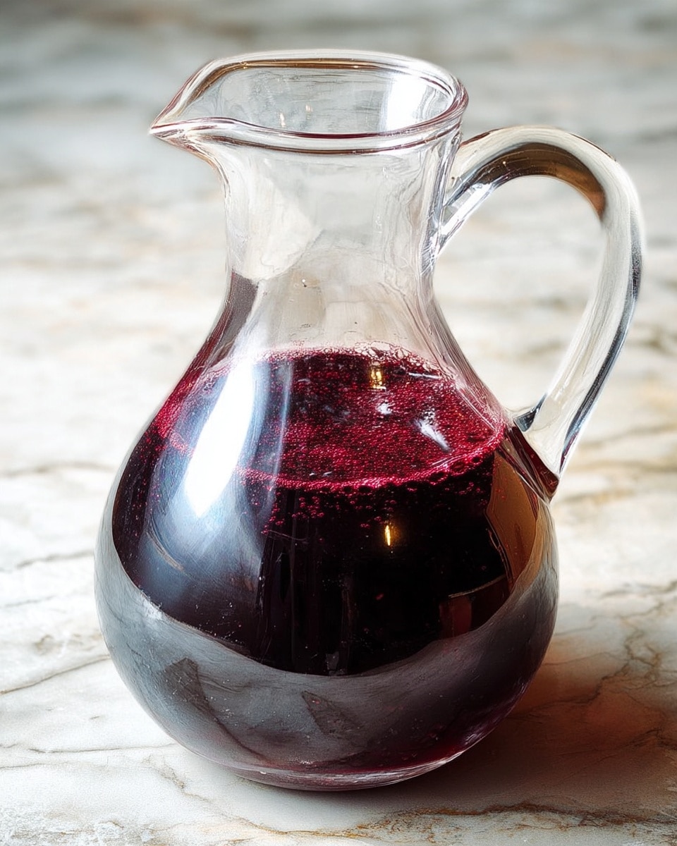 A clear glass pitcher with a wide base and narrow neck filled with dark red liquid with bubbles and slight foam on the surface, placed on a table with a white marbled texture. The pitcher has a thick, curved handle on the right side and a small lip for pouring at the top. Light reflections are seen on the glass surface, showing small details of the dark liquid inside. photo taken with an iphone --ar 4:5 --v 7