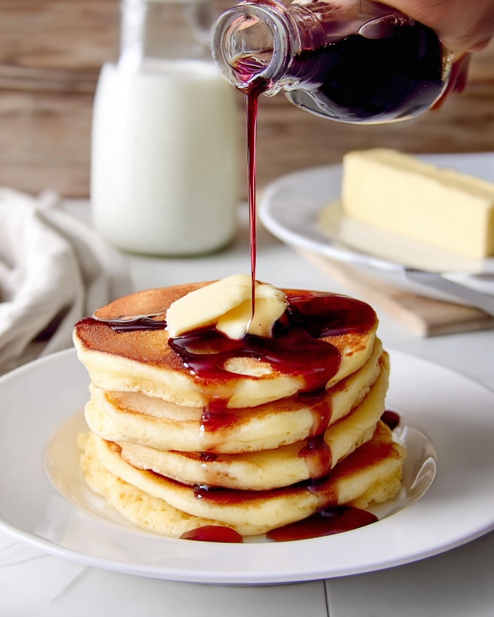 A stack of five golden brown pancakes sits on a white plate, each layer showing a soft, fluffy texture with slightly crisp edges. On the top pancake, a melting square of pale yellow butter is placed in the center, with rich, dark purple syrup being poured over it from a glass bottle held by a woman's hand above. The syrup drips down the sides of the pancakes, creating glossy streaks on the golden surface. In the background, there is a white plate with a stick of butter and a jar with white milk, all placed on a white marbled surface. photo taken with an iphone --ar 4:5 --v 7