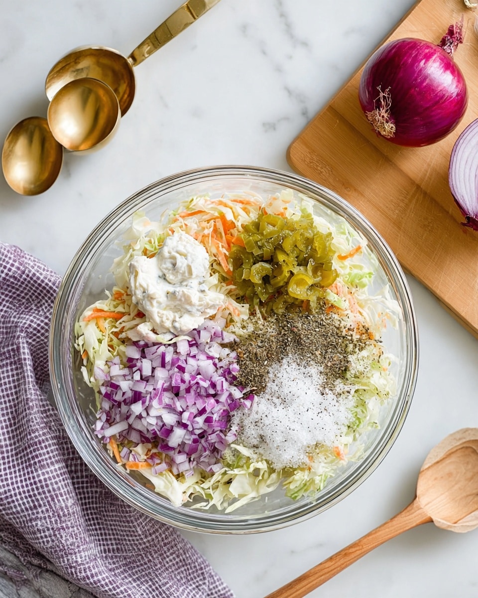 A clear glass bowl sits on a white marbled surface, filled with layers of finely shredded cabbage mixed with small carrot strips as the base. On top, there are four distinct piles: finely chopped purple onion with black pepper sprinkled on it, a mound of light green chopped pickles with a bit of red chili, a dollop of creamy white mayonnaise topped with black pepper, and a pile of white granulated sugar also with black pepper dusted over. Nearby, a wooden cutting board holds a halved purple onion and its loose red skin. Golden measuring spoons rest beside the bowl, and a wooden spoon is partially visible with a purple and white checkered cloth underneath. photo taken with an iphone --ar 4:5 --v 7