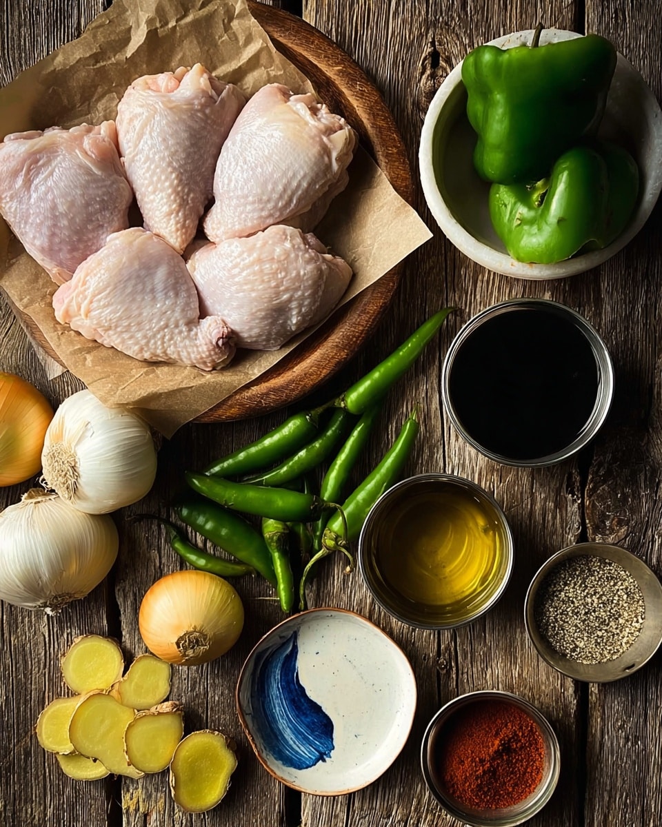 A wooden surface holds raw chicken thighs with light pinkish skin placed on parchment paper on a small wooden plate at the top left. Nearby, two halved onions, one white and one yellow, add round shapes with smooth textures. A cluster of fresh green chili peppers lies below the onions, along with several slices of pale yellow ginger root. There is a bulb of garlic with several cloves near the bottom left. At the top right, a white marbled bowl contains two halves of a green bell pepper. Several small metal bowls with various liquids and spices sit on the right side: one clear liquid, one dark black sauce, one golden liquid, and one with ground black pepper and red paprika on a small white plate with a blue mark. The whole arrangement is placed on a rustic wooden surface. photo taken with an iphone --ar 4:5 --v 7