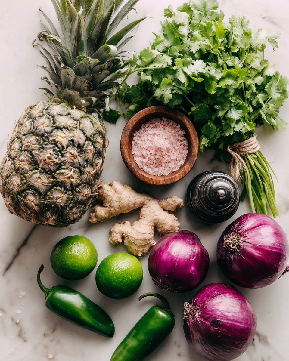 The image shows fresh ingredients on a white marbled surface, including a whole pineapple with green spiky leaves at the bottom left, bright green jalapeños positioned near the top right, a bunch of leafy green cilantro tied with a string at the top left, halved and whole limes with a bright green color below the cilantro, a fresh piece of ginger root with light brown skin near the center, a small wooden bowl spilling pink Himalayan salt near the bottom center, a black pepper grinder filled with whole black peppercorns near the top right, and several whole and halved red onions with shiny purple skin at the bottom right. photo taken with an iphone --ar 4:5 --v 7