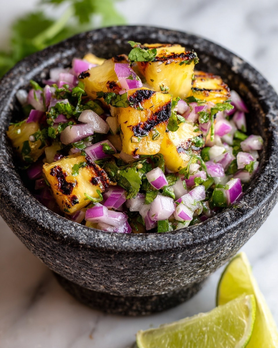 A close-up of a small dark stone bowl filled with a fresh salsa that has about three layers: the bottom layer is small green jalapeño pieces, the middle layer contains bright purple and white onion cubes, and the top layer has juicy, grilled pineapple chunks with char marks mixed with chopped green cilantro leaves. The bowl sits on a white marbled surface with a partial lime slice and cilantro leaves near the bowl, adding a fresh touch. The salsa looks colorful and textured with a mix of soft, crisp, and charred pieces. photo taken with an iphone --ar 4:5 --v 7