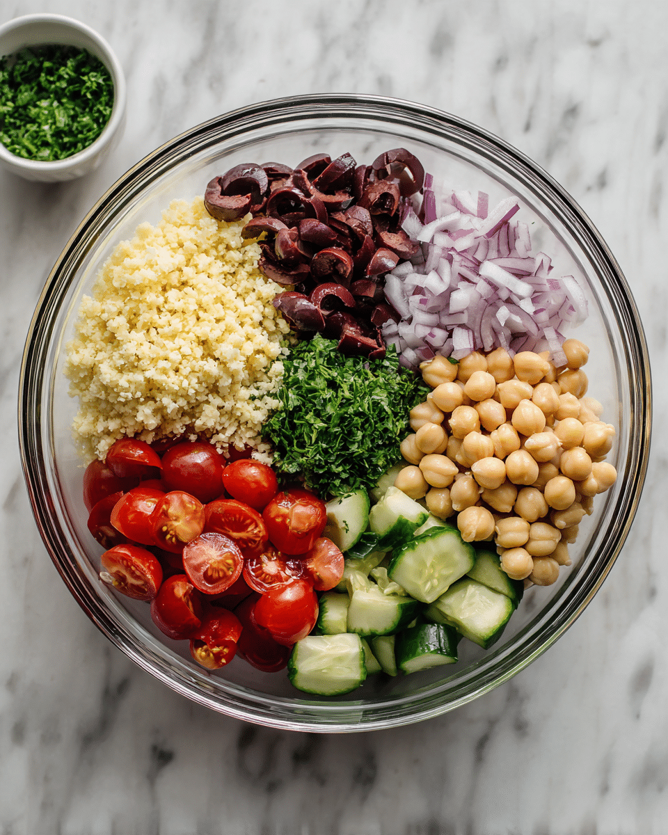 A clear glass bowl on a white marbled surface holds six separate layers of ingredients for a salad. Starting from the top left, there is a layer of small yellowish cheese crumbles, next to it on the right are dark brown sliced olives, then thinly sliced light purple onion strands to the right, followed by a pile of light tan chickpeas. Below the cheese is a group of halved red cherry tomatoes, next to them cut green cucumber pieces, and lastly, near the chickpeas are light beige cooked orzo pasta grains. Below the bowl, a small white bowl holds chopped fresh green herbs. Photo taken with an iphone --ar 4:5 --v 7