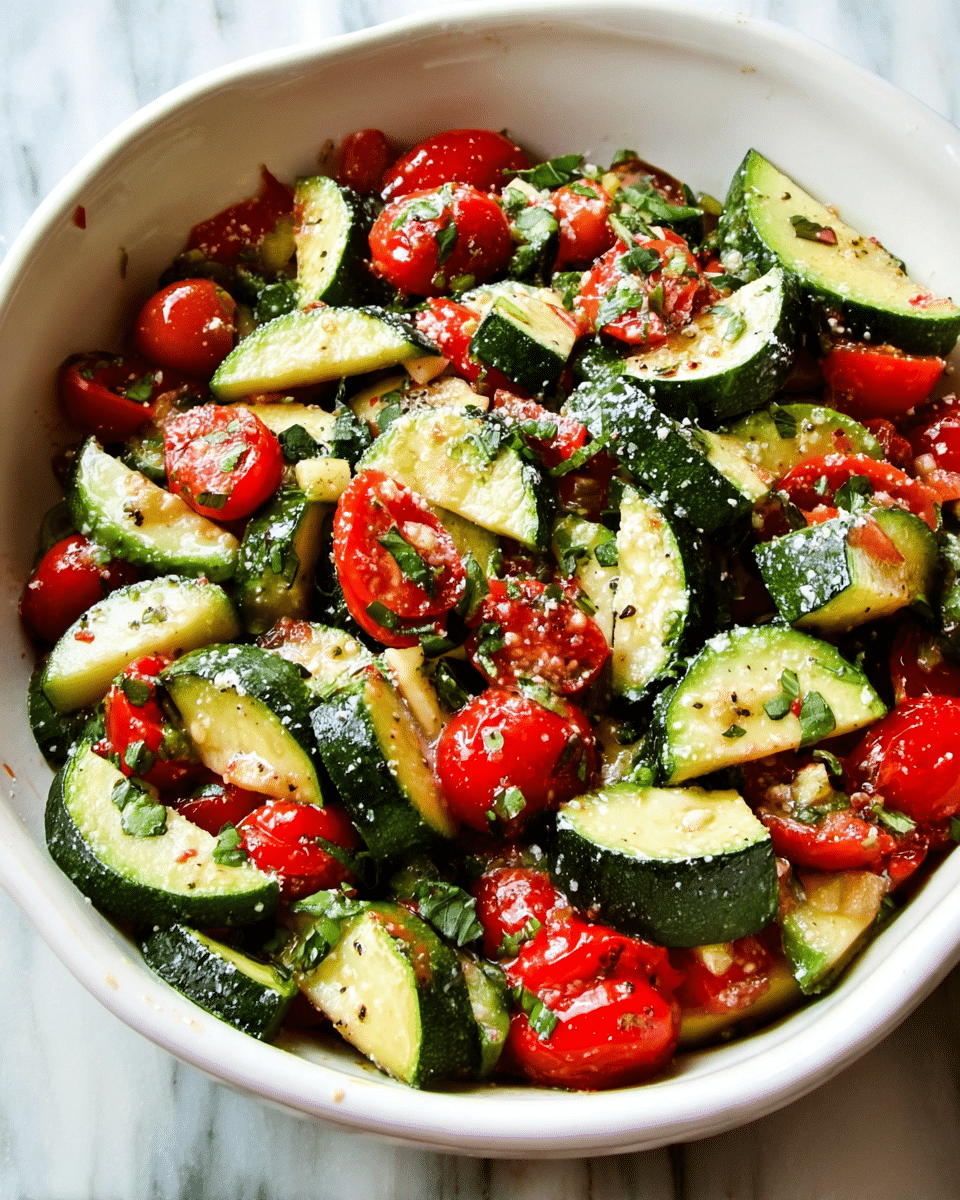 An oval white dish filled with two main layers of food sits on a light wood surface with a red and white striped kitchen towel partially under it. The base layer consists of green zucchini pieces, sliced into thick half-moons, with a moist and slightly shiny texture. Scattered among the zucchini are bright red halved cherry tomatoes, adding vibrant color and a juicy look. On top, a light sprinkling of grated cheese or seasoning adds a fine, crumbly texture with small green herb pieces scattered throughout. The dish looks fresh, colorful, and ready to serve. photo taken with an iphone --ar 4:5 --v 7