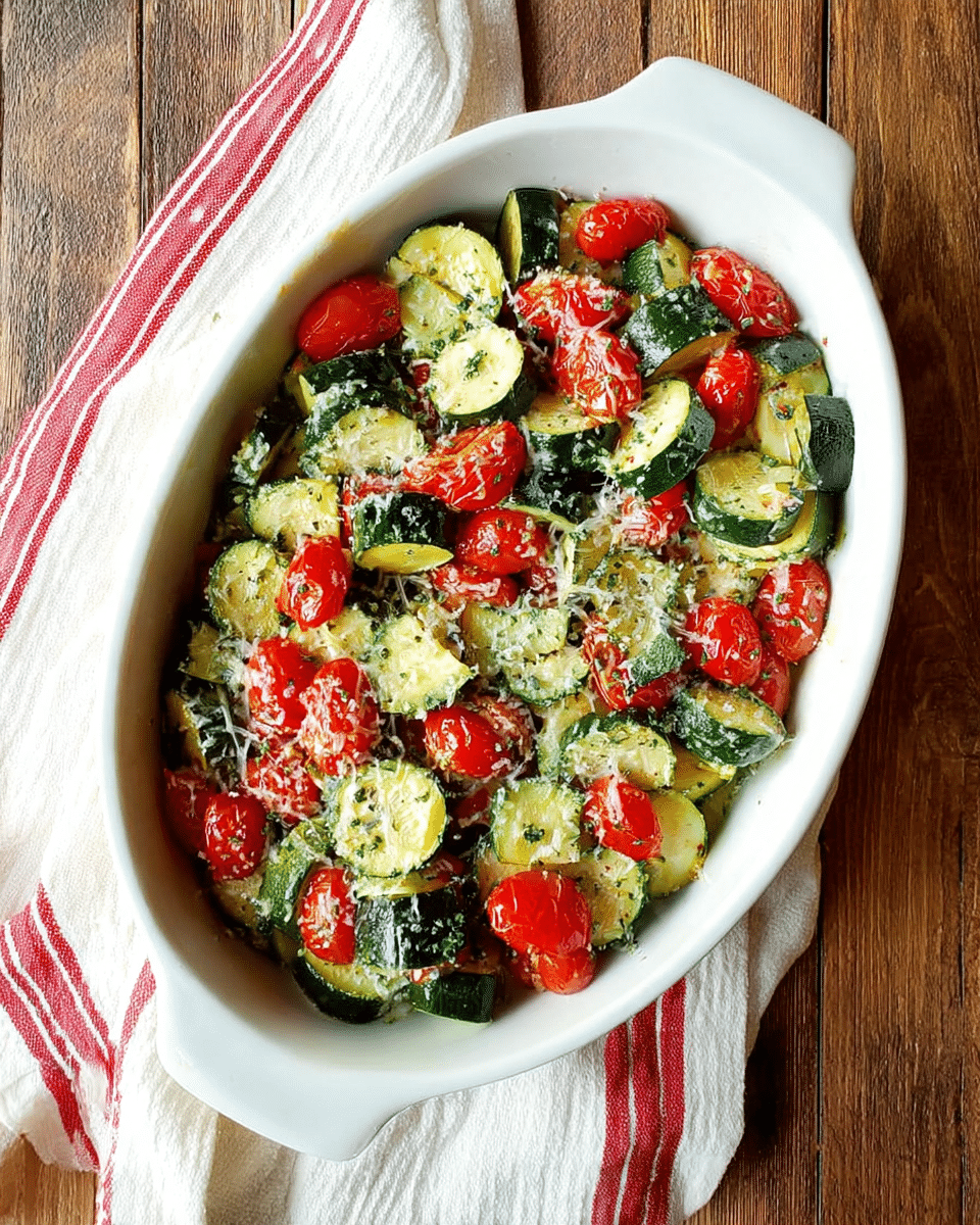 The image shows a white dish filled with chopped zucchini and halved cherry tomatoes. The zucchini is cut into thick semicircles with a dark green skin and pale green inside. The cherry tomatoes are bright red and shiny, spread evenly among the zucchini pieces. The vegetables are sprinkled with small green parsley leaves and a light dusting of grated cheese or seasoning. The dish sits on a white marbled surface. photo taken with an iphone --ar 4:5 --v 7