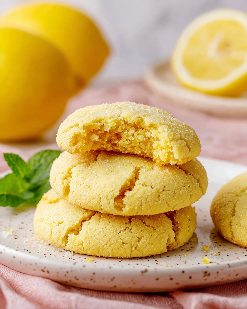 A stack of three yellow lemon cookies sits on a white plate with speckles, placed on a soft pink cloth on a white marbled surface. The top cookie is broken in half, showing a soft, crumbly texture inside with small sugar crystals on the cracked outer layer. In the background, two whole bright yellow lemons and a sliced lemon on a white plate add fresh color. A green mint leaf is partly visible behind the cookie stack. The lighting is bright and natural, highlighting the cookies' slightly cracked tops and sugar coating. Photo taken with an iphone --ar 4:5 --v 7