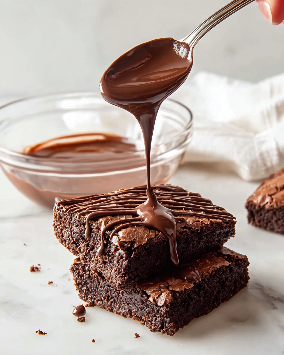 A close-up image showing two rectangular, dark brown brownies with a slightly cracked and rough texture on a white marbled surface; the front brownie is being drizzled with smooth, shiny dark chocolate from a spoon held above it by a woman's hand, with chocolate flowing in thin lines creating a decorative layer on top; behind the brownies is a transparent glass bowl partially filled with the same dark chocolate. Photo taken with an iphone --ar 4:5 --v 7