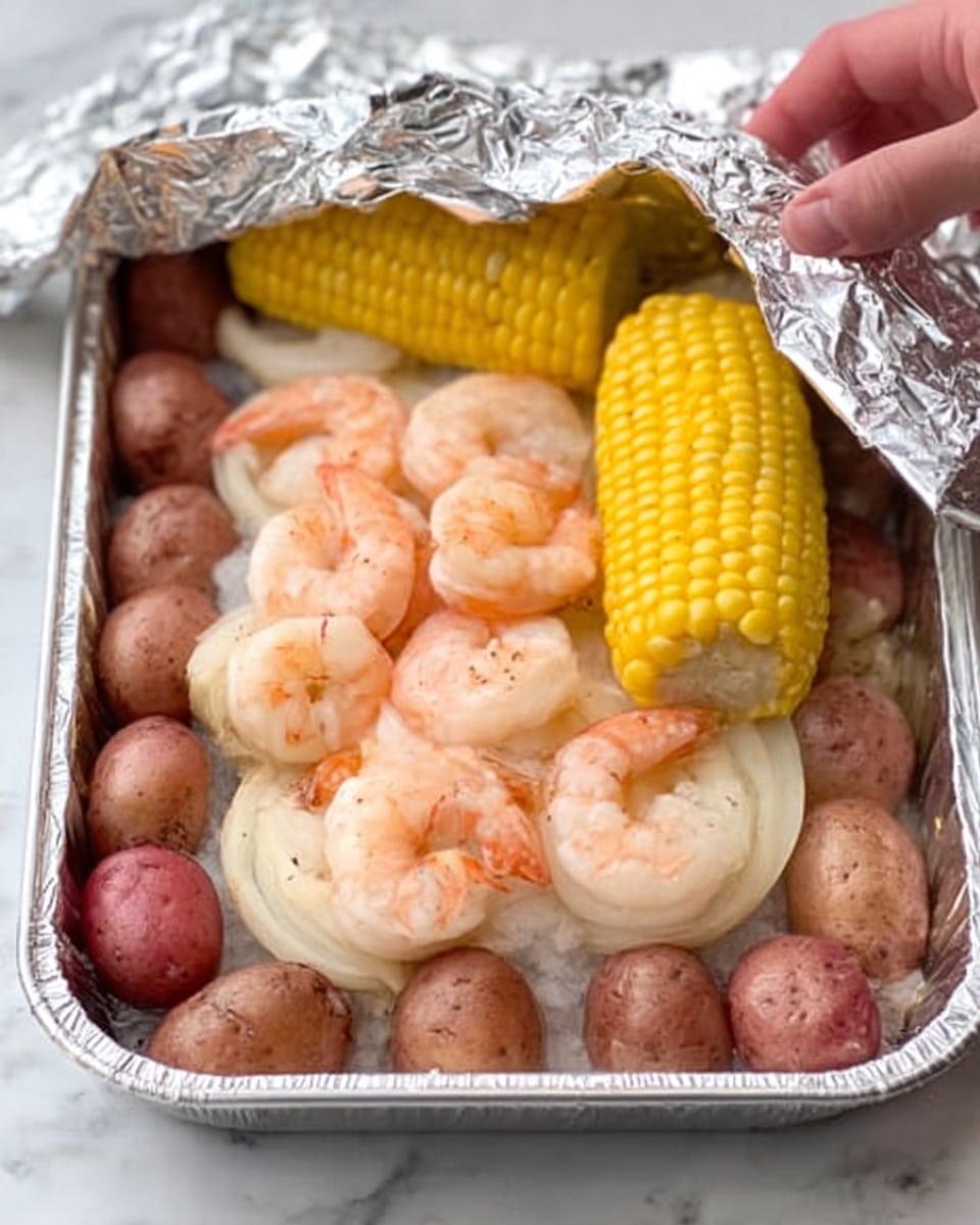 The image shows a foil-lined tray filled with food arranged in layers. The bottom layer is white ice filling the tray. On top of the ice, there are six light pink cooked shrimp placed closely in the middle. Around the shrimp, there are several small reddish-brown potatoes placed evenly. On one side, a bright yellow corn cob is positioned vertically, resting on the potatoes. At the top edge of the tray, a woman's hand is lifting back the foil. The tray is placed on a white marbled surface. Photo taken with an iphone --ar 4:5 --v 7
