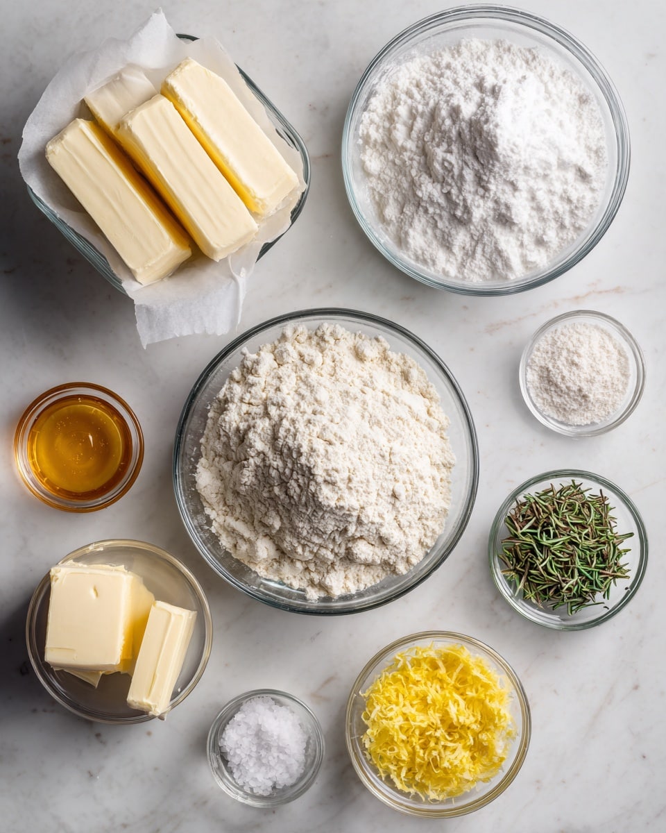 The image shows seven clear glass bowls and two sticks of pale yellow butter on a white marbled surface. In the center is a large bowl filled with a mound of off-white flour with a slightly crumbly texture. Above and slightly right is a medium bowl filled with fluffy white powdered sugar. To the left are two rectangular sticks of butter in paper wrappers. Bottom left holds a small bowl of light golden honey. Bottom right displays a small bowl with bright yellow lemon zest shreds. Near the bottom are two small bowls, one with green and brown chopped rosemary and the other with white salt crystals. Each ingredient has a bold black label next to it. Photo taken with an iphone --ar 4:5 --v 7