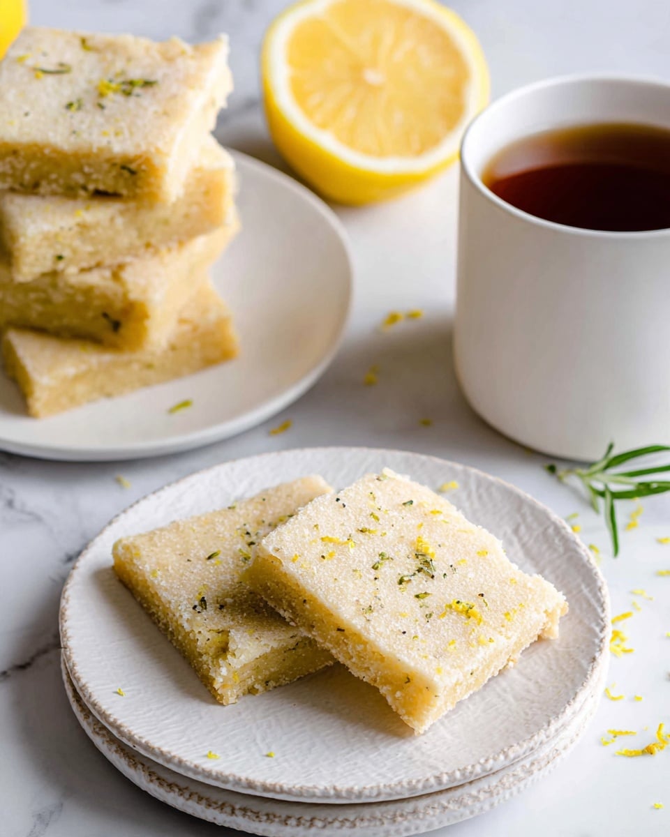 A close-up view of several square lemon bars stacked lightly on a white plate with a textured rim, and two lemon bars placed side by side on a separate plain white plate in front. The lemon bars have a pale yellow color with a rough texture showing bits of lemon zest and herbs inside. Behind the plate with stacked bars, there is half a lemon showing its bright yellow inside, and a white cup filled with dark tea sits to the right. The whole scene is set on a white marbled surface with a few small crumbs and lemon zest scattered around. photo taken with an iphone --ar 4:5 --v 7