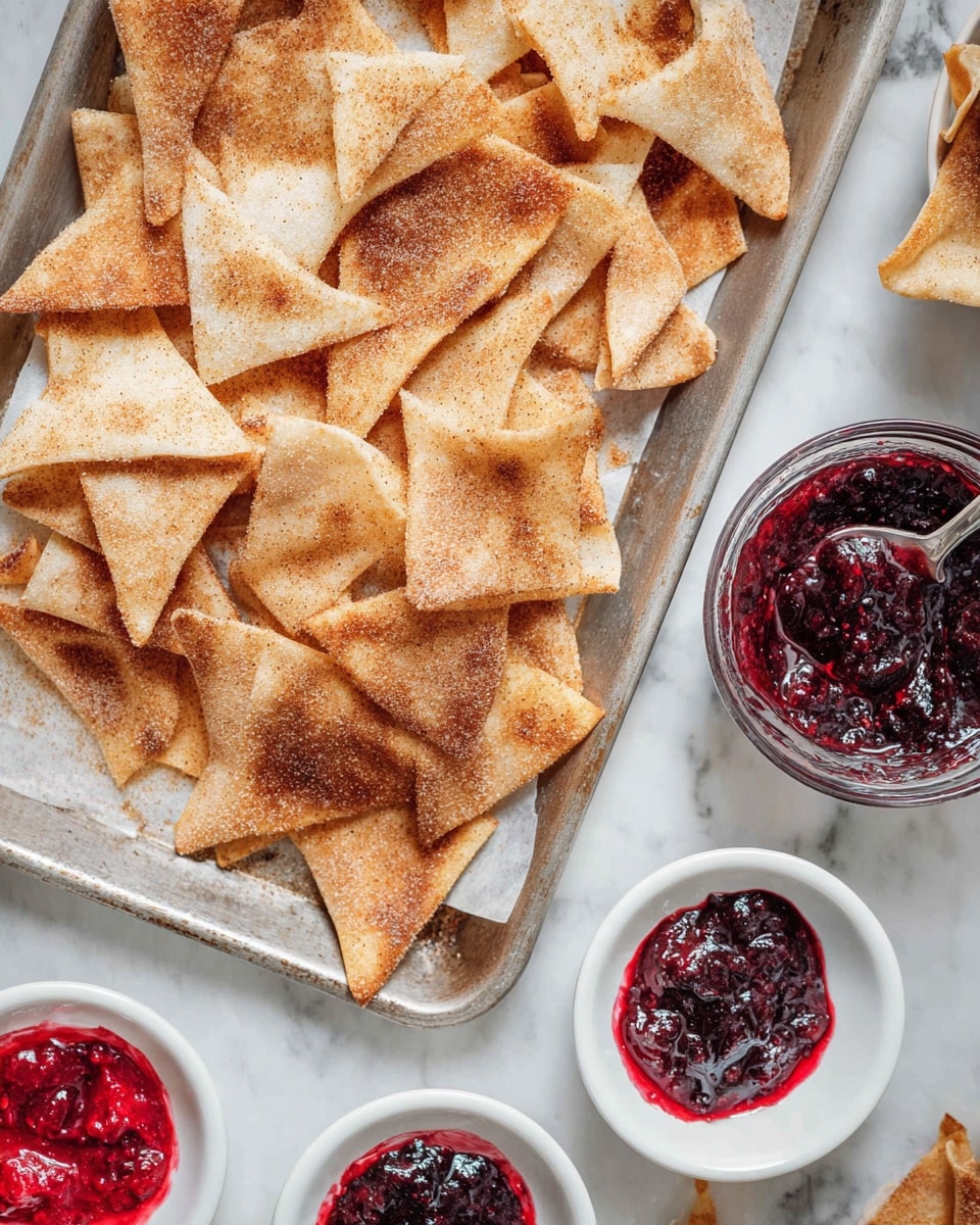 The image shows many light brown, crispy triangular chips with a dusting of cinnamon sugar, arranged in a slightly messy way on a metal tray. The chips have a slightly uneven toasted texture with some darker spots, stacked loosely on top of each other. Next to the chips on the tray, there is a clear small bowl filled with thick dark red berry sauce that looks rich and chunky. Below the tray, there are white round bowls, some with chips dipped in bright red and dark purple berry sauces, creating a contrast between the warm chips and shiny fruity sauces. A woman's hand holds a spoon lifting some dark berry sauce in one bowl, while the white marbled surface beneath gives a clean and bright look to the setting. photo taken with an iphone --ar 4:5 --v 7