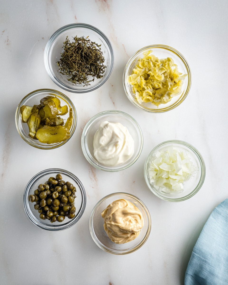 This image shows seven small clear glass bowls arranged on a white marbled surface. The bowls contain different ingredients: one with dark green dried herbs near the top center, one with chopped pickles in the middle left, one with a yellow oily mix containing small pickle pieces to the right, one with thick white mayonnaise near the middle bottom, one with light brown mustard on the bottom right, one with chopped white onions near bottom left, and one with dark green whole capers at the bottom center. A light blue cloth is seen partially at the bottom right corner. Photo taken with an iphone --ar 4:5 --v 7