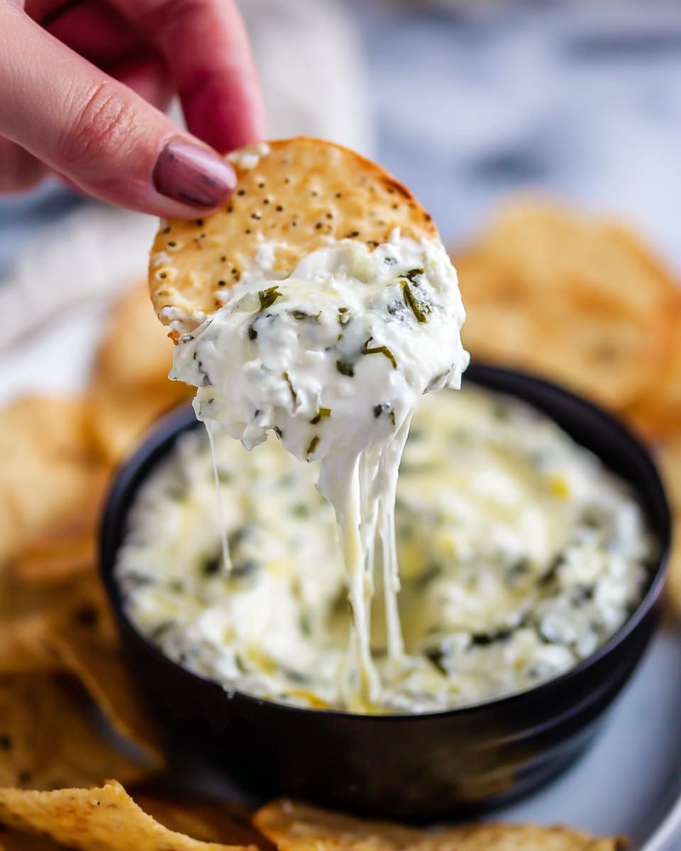 A close-up image shows a woman's hand holding a round, slightly crispy tortilla chip covered with a thick, creamy white dip mixed with green herbs and melted cheese strands stretching down into a small black container filled with the same dip below. The chip has a rough texture with tiny holes and a light golden color. The background is softly blurred, featuring more tortilla chips and a white marbled surface. photo taken with an iphone --ar 4:5 --v 7