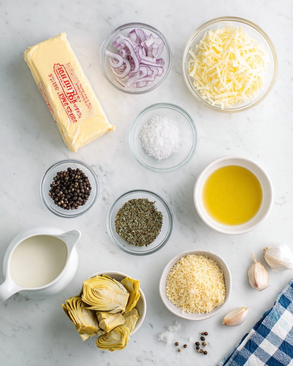 The image shows various cooking ingredients placed on a white marbled surface. At the top center is a light yellow block of unsalted butter with red text on the wrapping. Surrounding it are small clear glass bowls containing different items: thinly sliced purple onions at the top left, shredded pale yellow cheese top right, white salt crystals directly below the butter, black peppercorns bottom right, dried green herbs below center, and light golden brown breadcrumbs bottom center. There is a white ceramic jug filled with milk at the left side, and below it, a small clear bowl filled with golden olive oil. A white bowl near the center contains yellow artichoke hearts. Near the bottom left is a small bowl with a few garlic cloves. A white and blue checkered towel is partially visible on the right edge. photo taken with an iphone --ar 4:5 --v 7