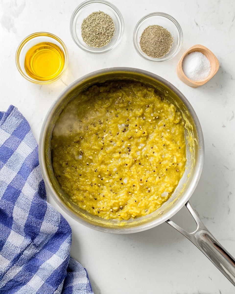 A stainless steel pan filled with a thick, yellow-green mash that has small pieces and seeds visible, emitting steam to show it is hot; around the pan on a white marbled surface are small glass bowls containing golden olive oil, coarse greenish-brown herbs, and white salt; a blue and white checkered cloth is loosely placed near the pan handle; the scene is bright and clean. photo taken with an iphone --ar 4:5 --v 7