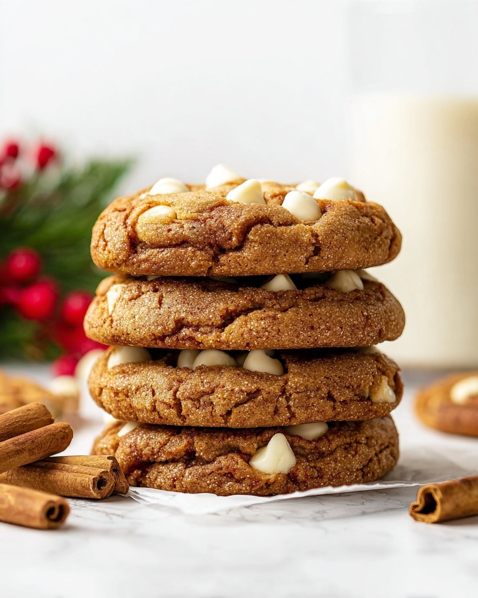 A close-up view of a stack of four thick cookies filled with white chocolate chips, each cookie showing a rough, cracked texture with light brown and golden tones. The cookies are placed on white parchment paper over a white marbled surface. Two cinnamon sticks rest beside the cookies in the bottom left corner of the image. In the background, slightly out of focus, is a clear glass of milk and some green and red holiday foliage. Photo taken with an iphone --ar 4:5 --v 7