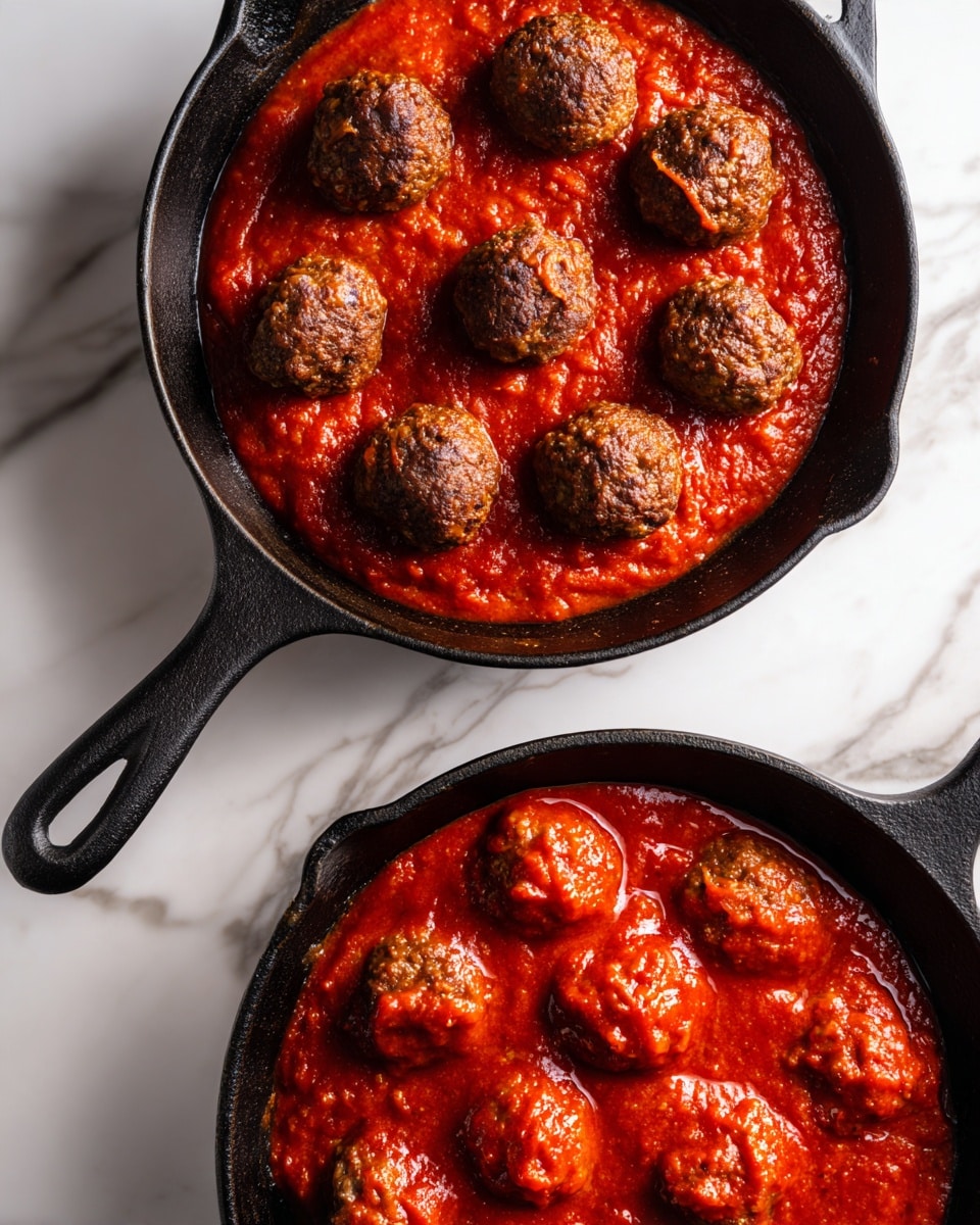 The image shows two black cast iron pans on a white marbled surface. The left pan contains one layer of brown meatballs arranged in a circle around the edge, with a thick red tomato sauce spread inside the circle covering some meatballs in the center. The right pan shows the same meatballs fully covered with the bright red tomato sauce, making the meatballs partially visible under the sauce, with a glossy texture from the sauce. Both pans have a rustic look with the black handles visible. photo taken with an iphone --ar 4:5 --v 7