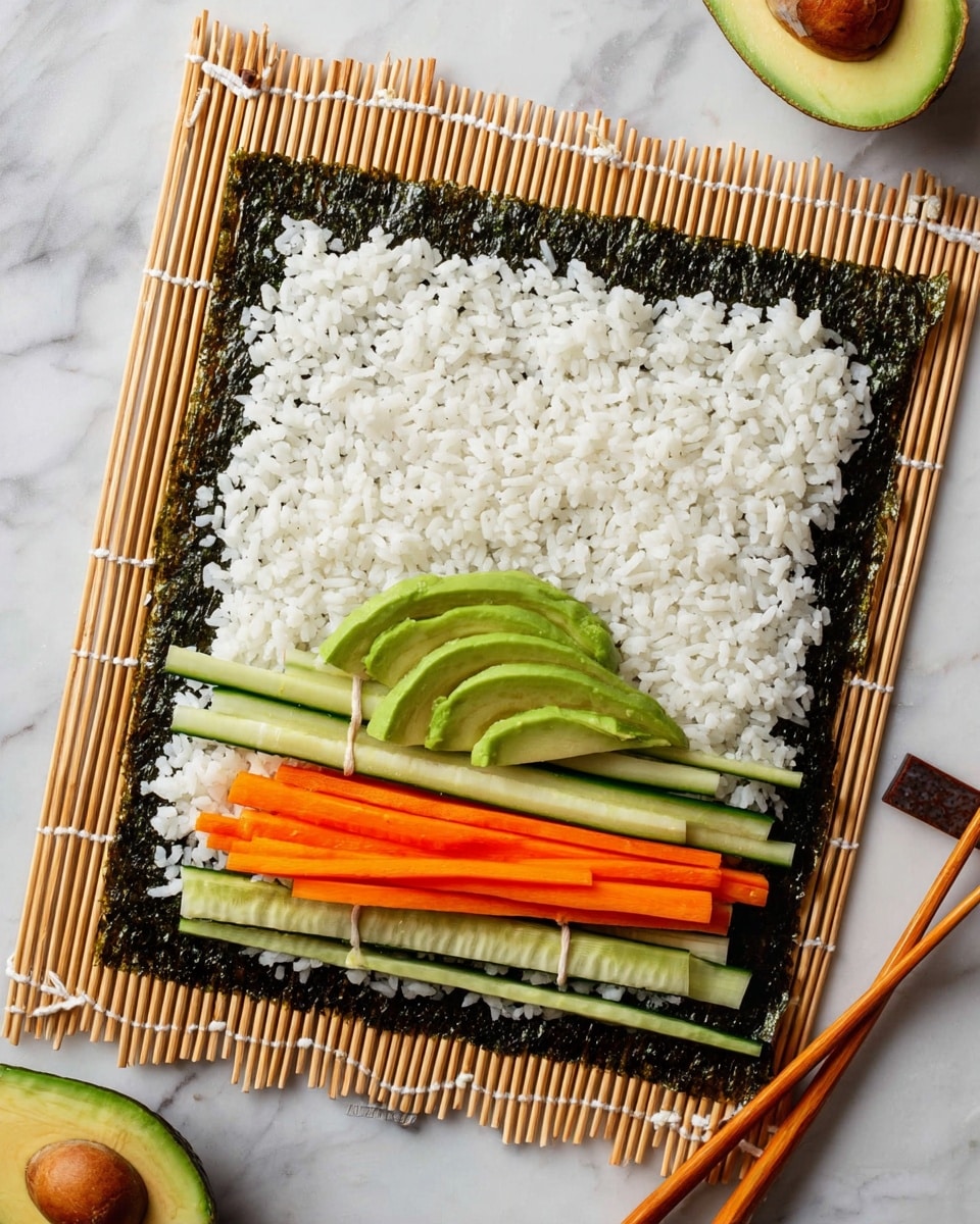 A square sheet of dark green seaweed lays on top of a bamboo sushi rolling mat, with a layer of white rice spread evenly over most of the seaweed except the upper edge. On the bottom part of the rice layer, there are thin strips of bright orange carrots and pale green cucumber sticks, topped with two thick slices of green avocado. The mat is placed on a white marbled surface, and a pair of wooden chopsticks rests beside it. Photo taken with an iphone --ar 4:5 --v 7