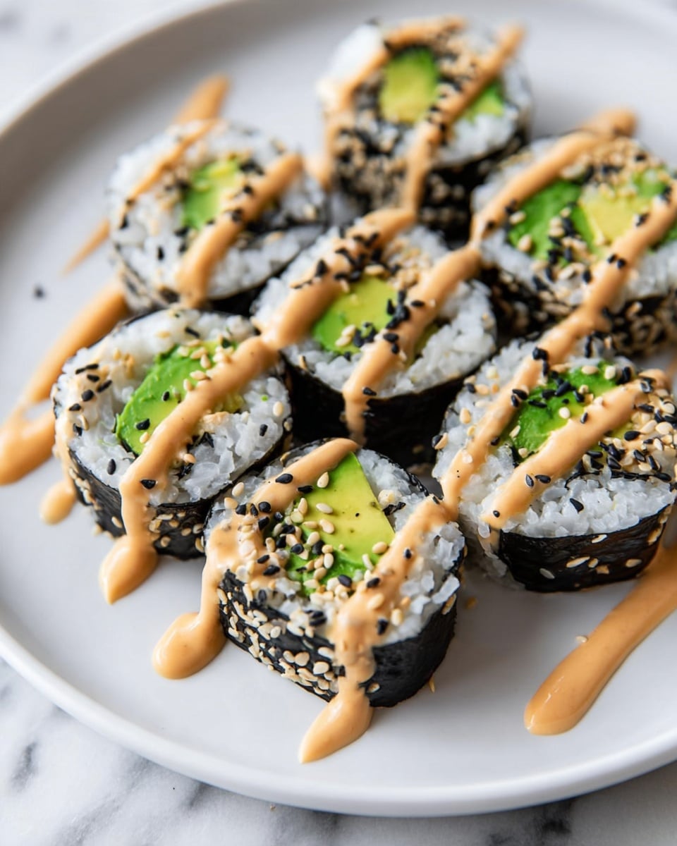 The image shows several sushi rolls arranged on a white plate, each roll layered with a dark seaweed outer wrap, followed by a thick layer of white rice, and filled with green avocado slices. The sushi rolls are sprinkled with both black and white sesame seeds. A creamy light orange sauce is drizzled in diagonal lines over the top of the sushi pieces, adding texture and color contrast. The plate sits on a white marbled surface that enhances the bright green and black hues of the sushi rolls. photo taken with an iphone --ar 4:5 --v 7