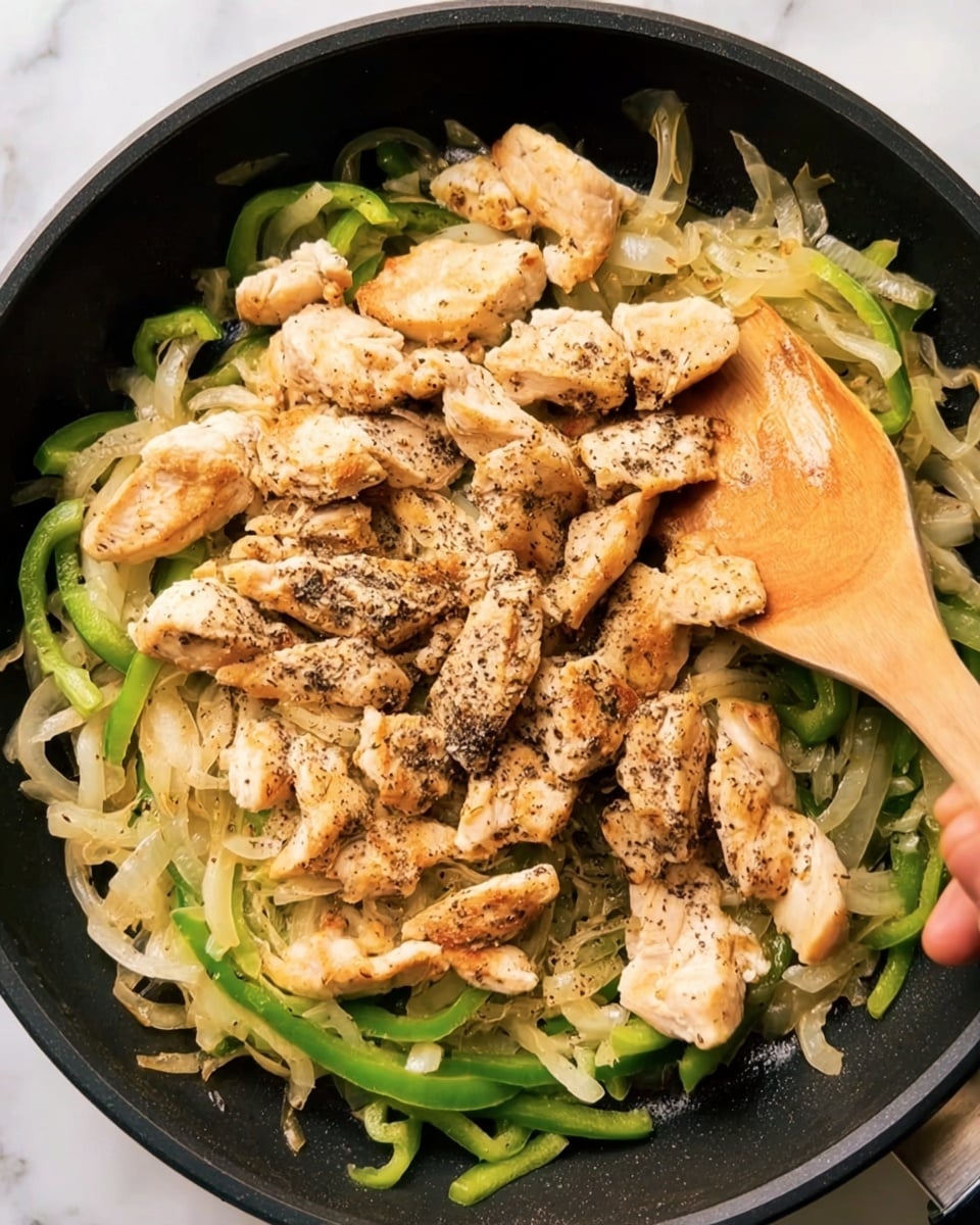 The image shows a black pan filled with cooked food. The bottom layer is made of thin green bell pepper slices mixed with translucent cooked onion strips. On top of this is a layer of light brown cooked chicken pieces, some sprinkled with cracked black pepper. To the right side of the pan, a woman's hand is holding a wooden spatula resting on the food. The background surface is a white marbled texture. photo taken with an iphone --ar 4:5 --v 7