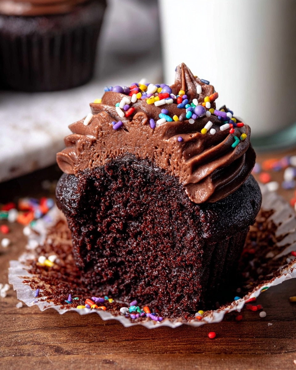 A close-up of a dark chocolate cupcake with one thick layer of rich, smooth, and swirled chocolate frosting on top, decorated with small round colorful sprinkles scattered over the frosting and around the base on a wooden surface with a white marbled texture. In the background, another chocolate cupcake with similar frosting and a clear glass of milk are softly blurred. Photo taken with an iphone --ar 4:5 --v 7