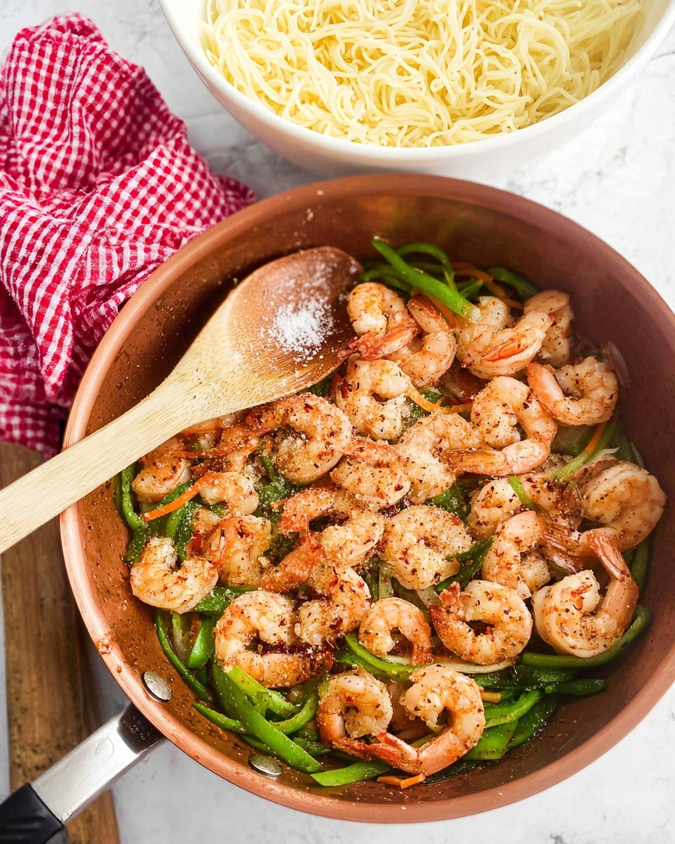 A close-up of a copper pan on a white marbled surface filled with cooked shrimp sitting on top of sliced green vegetables and thin orange strips. The shrimp are pink with darker seasoning spots and arranged in a loose circular pattern across the pan. A wooden spoon with some salt crystals on it rests inside the pan on the left side, partially covering the vegetables. Behind the pan, a white bowl holds a pile of pale yellow cooked noodles. In the upper left corner, there is a red and white checkered cloth. photo taken with an iphone --ar 4:5 --v 7