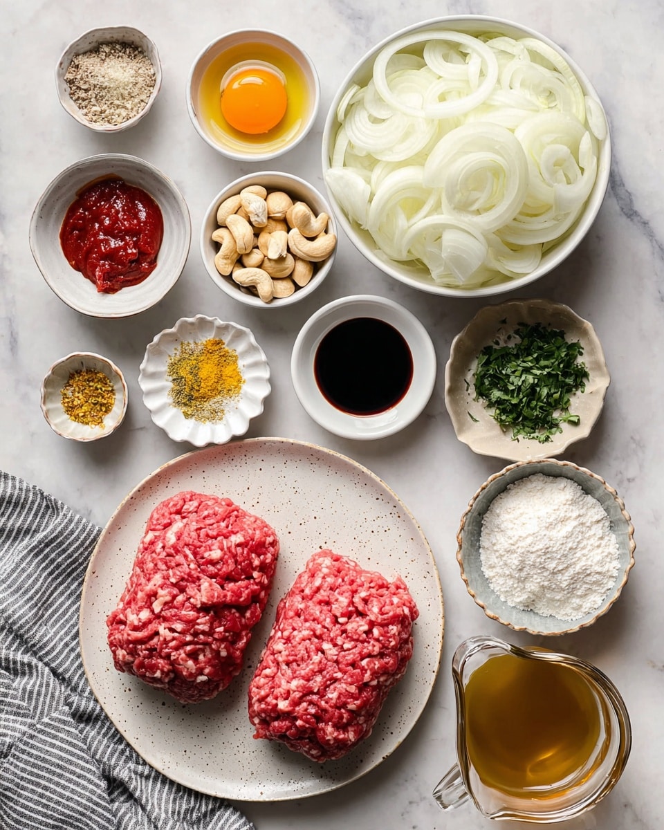 A top-down view of various raw cooking ingredients arranged neatly on a white marbled surface, featuring two rectangular mounds of raw ground meat, one lighter pink with fat and the other deeper red, both on a speckled white plate at the center. To the upper right is a large white bowl filled with thinly sliced white onions. Surrounding these are small white and beige bowls containing cashew nuts, chopped garlic, yellow and green mixed dried herbs and spices, fresh chopped green herbs, red tomato paste, a beaten egg yolk in a decorative scalloped dish, olive oil, dark soy sauce, and a mix of white flour and seasonings. A clear glass pitcher holds light brown broth at the bottom right. There is also a striped gray cloth in the upper left corner. Photo taken with an iphone --ar 4:5 --v 7
