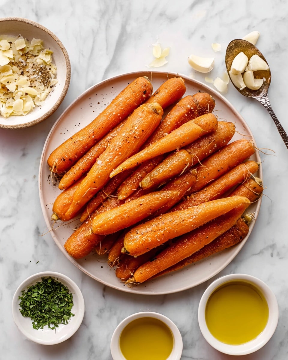 A white plate holds a bunch of whole bright orange carrots with visible texture and small root hairs, arranged in a pile mostly pointing in the same direction. Around the plate on a white marbled surface, there are small white bowls holding olive oil with a yellow golden color, salt and black pepper, and finely chopped green herbs. A silver spoon with minced garlic rests nearby. The scene is bright and clean, showing fresh ingredients prepared for cooking photo taken with an iphone --ar 4:5 --v 7