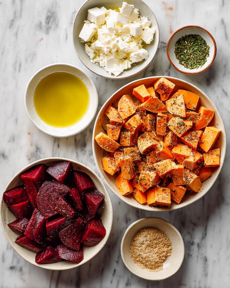 A top view of several white bowls and small dishes on a white marbled surface, featuring two large bowls filled with bright red quartered beets and light orange cubed sweet potatoes, a small white bowl with crumbled white cheese, a medium white bowl with yellow olive oil with small black pepper bits, a small dish with light brown powder, and three small bowls with green herbs evenly spaced in a loose grouping photo taken with an iphone --ar 4:5 --v 7