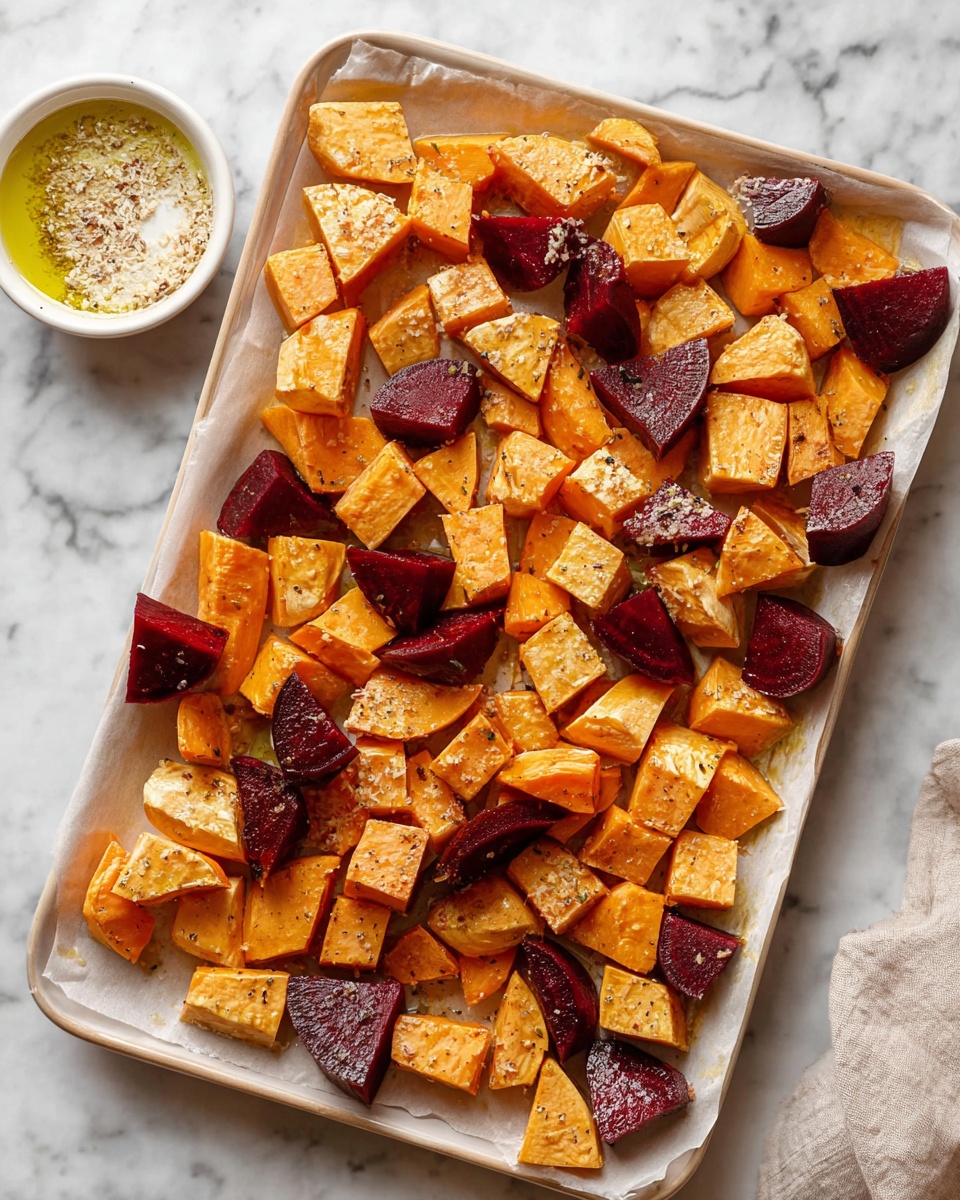 A white tray lined with white parchment paper holds two types of roasted root vegetables chopped into medium irregular chunks, scattered evenly. The first type are bright orange sweet potatoes with a smooth texture and light seasoning. The second type are deep red beets with a slightly rough surface, showing natural lines and a light seasoning as well. Olive oil glistens on the pieces, creating a moist and roasted look. The whole tray rests on a white marbled surface. photo taken with an iphone --ar 4:5 --v 7