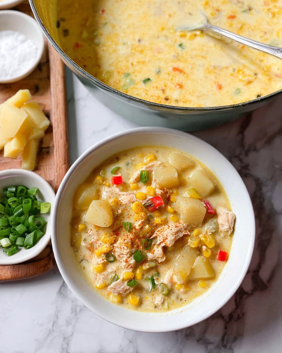 A close-up view of a creamy soup served in a white bowl, showing thick layers of light yellow soup with visible chunks of pale potatoes, golden corn kernels, small pieces of light beige chicken, bits of green onion, and small red bell pepper pieces, creating a colorful mix floating in the creamy broth. In the background, a large round pot filled with more of the same creamy soup is visible, resting on a wooden surface, with some soup dripping down the side. The whole scene is set on a white marbled texture. Photo taken with an iphone --ar 4:5 --v 7