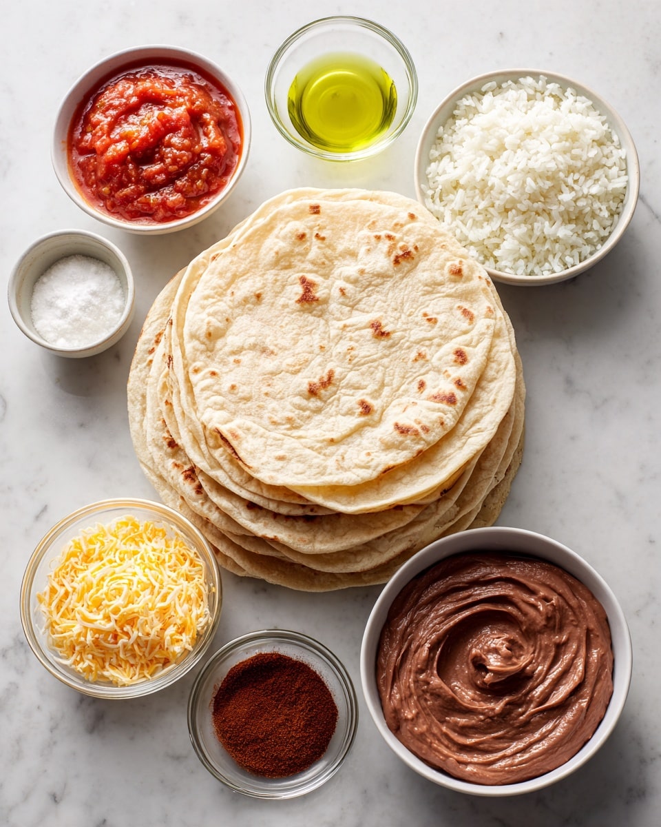 A stack of light beige flour tortillas with soft texture is placed near the center on a white marbled surface, surrounded by small white and glass bowls. Starting from the top left and moving clockwise, there is a bowl of bright red salsa with a slightly chunky texture, a bowl of fluffy white cooked rice showing individual grains, a small bowl of clear greenish olive oil, a bowl filled with dark reddish-brown taco seasoning powder, a bowl of smooth white sour cream, a bowl of finely shredded bright yellow cheese, and a white bowl in the center holding smooth, thick refried beans with a deep brown color and a slightly swirled surface. The photo was taken with an iphone --ar 4:5 --v 7