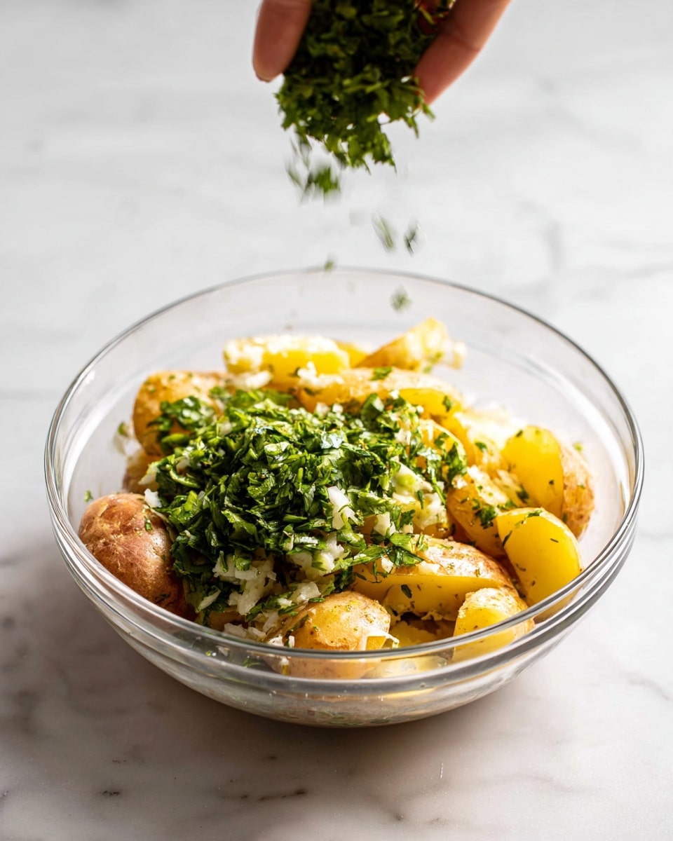 A clear glass bowl shows a simple salad mix placed on a white marbled surface. The bottom layer is made of yellow potato pieces with a soft texture, scattered across the bowl. On top of the potatoes, there is a layer of chopped green herbs that look fresh and leafy, adding a strong contrast of color. Above the bowl, chopped herbs are falling from a bunch held by a woman's hand, capturing the motion of sprinkling ingredients. The background is bright with soft light focusing on the bowl and herbs. photo taken with an iphone --ar 4:5 --v 7