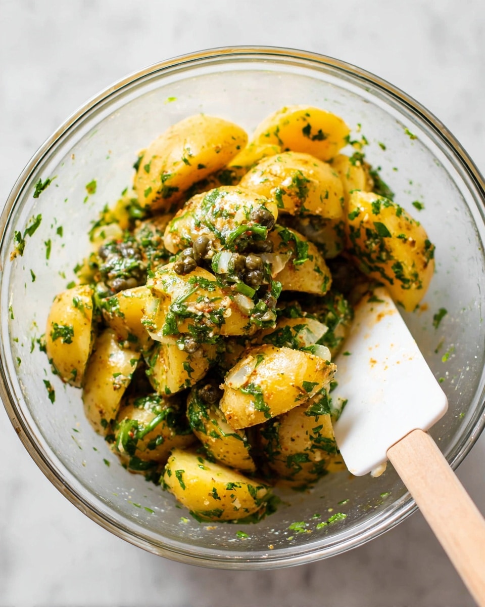A clear glass bowl holds a mix of small yellow potato pieces coated with green herbs and spices. The potato pieces are uneven but bite-sized, covered in chopped green herbs, and speckled with small dark green capers. A white spatula with a wooden handle is partially inside the bowl, mixing the potatoes. The bowl sits on a white marbled surface, and the photo is taken close up to show the texture and freshness of the ingredients. photo taken with an iphone --ar 4:5 --v 7