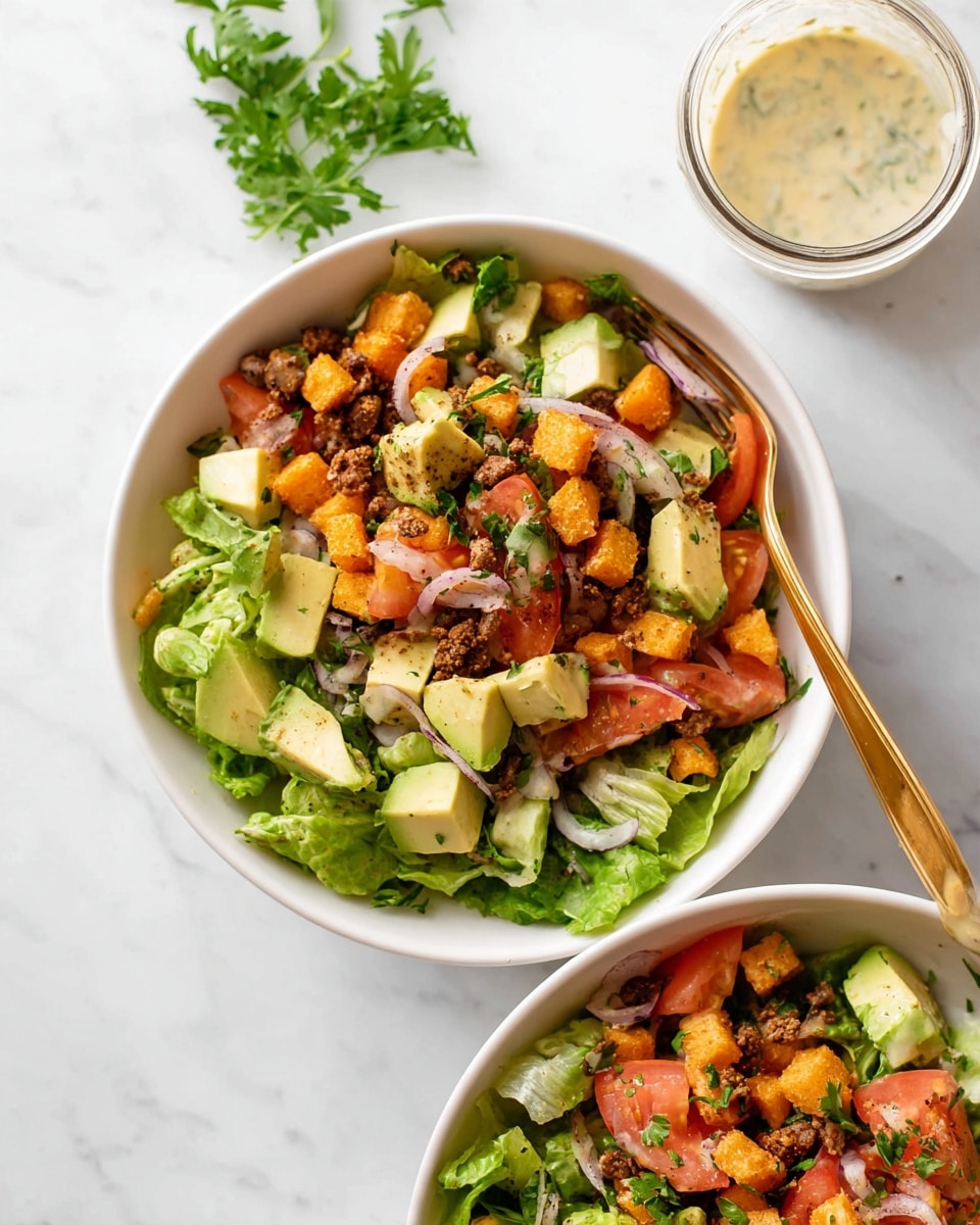 Two white bowls sit on a white marbled surface, each filled with a layered salad. The base layer is fresh green lettuce, topped with chunks of red tomato and diced pale green avocado. Scattered on top are small cubes of orange cheese and crumbled dark brown textured beans. Thinly sliced light green pickles and pieces of red onion add more color. One bowl has a golden fork placed on the right side, partially in the salad, and fresh green parsley leaves garnish the top. A small jar of creamy dressing with a spoon inside is placed beside the bottom bowl. Photo taken with an iphone --ar 4:5 --v 7