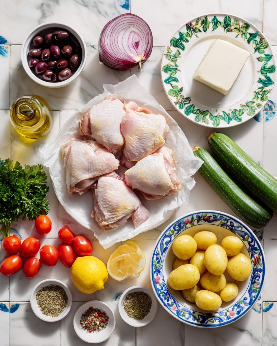 Raw chicken thighs with pale pink skin sit on white parchment paper in the top left placed on white marbled texture. Above them, a white bowl holds dark purple olives, and next to it on the right, a white plate with green leaf patterns contains a block of white cheese. Below, a clear glass bottle filled with golden olive oil is placed between the cheese plate and two green zucchinis to the right over the white marbled surface. A large white bowl with blue floral patterns at the bottom right is full of small yellow potatoes cut in halves. At the bottom center, a white plate holds two halved bright yellow lemons, one halved red onion with vibrant purple layers, and a pile of fresh parsley by the edge. On the bottom left, a white plate contains red and yellow cherry tomatoes on the vine, and nearby are small white bowls with whole garlic cloves, mixed spices in greenish and brownish tones, black pepper arranged in a spiral on pale green plate, and a small square white plate with dried spices in green, beige, red, and orange colors. The entire setting is on a white marbled surface with blue tile accents. Photo taken with an iphone --ar 4:5 --v 7