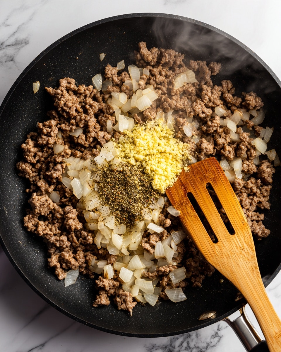 A close-up photo shows a frying pan with cooked ground meat mixed with translucent diced onions, with a small pile of yellow minced garlic and black pepper on top. The meat is brown and crumbly, and the onions are scattered evenly. A wooden spatula with three slots is partially visible on the right side, touching the meat mixture. There is steam rising from the pan, and the background is a white marbled surface. Photo taken with an iphone --ar 4:5 --v 7