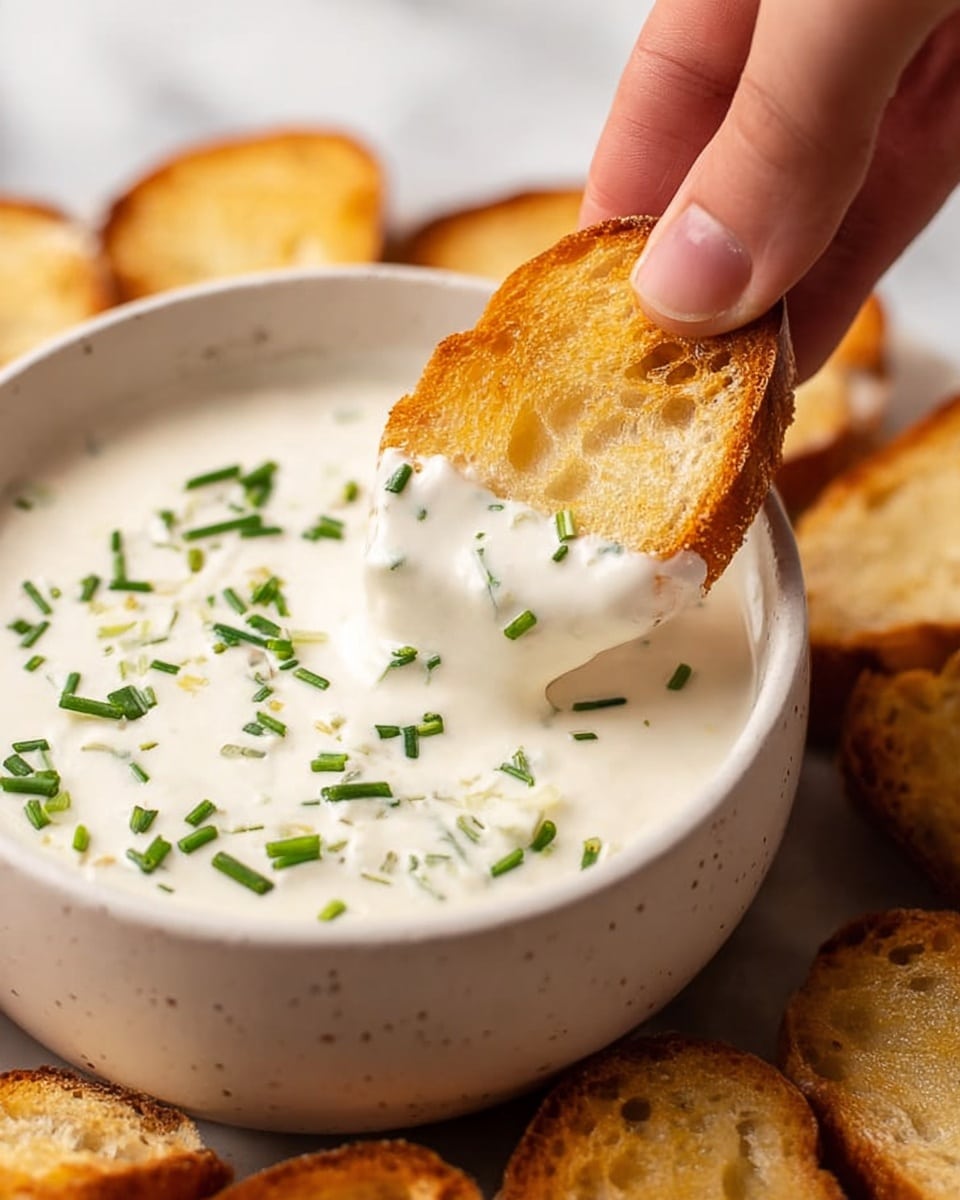 A close-up image showing a woman's hand dipping a golden brown, toasted bread slice with an airy texture into a bowl filled with creamy white sauce sprinkled with small green chive pieces. The bowl is white with subtle dark speckles and sits on a white marbled surface. Around the bowl, several toasted bread slices with a crispy crust and porous interior are arranged in a loose circle. The creamy sauce covers the bread tip in a smooth, thick layer. photo taken with an iphone --ar 4:5 --v 7