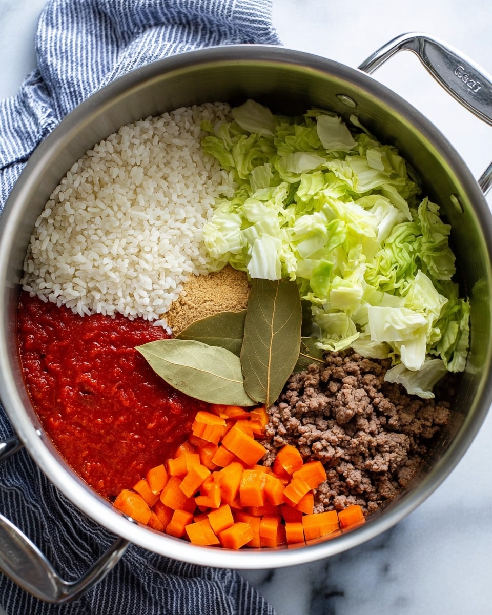 A metal pot filled with separate layers and sections of cooking ingredients on a white marbled surface with a blue and white striped cloth partly visible. Inside the pot, raw white rice grains are on the upper left side, next to bright green cabbage pieces on the right side. To the bottom right, there are small diced orange carrots. Near the carrots, a brown granulated spice is next to a portion of cooked ground meat in the center bottom. Towards the center left, there is a smooth deep red tomato sauce, and on top of the center, two bay leaves rest across the ingredients, showing a layered mix of textures and colors. Photo taken with an iphone --ar 4:5 --v 7