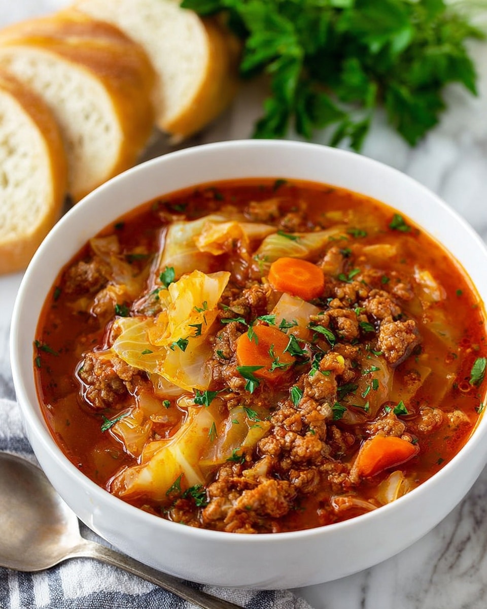 A white bowl filled with a rich, reddish-brown soup containing three visible layers of ingredients: the bottom layer is a thick broth, above that are cooked ground meat chunks mixed with tender cabbage pieces that are light yellow and translucent, and scattered bright orange carrot slices. The top is garnished with finely chopped green herbs. In the background, there are slices of bread and fresh green parsley on a white marbled surface. A silver spoon lies beside the bowl. Photo taken with an iphone --ar 4:5 --v 7